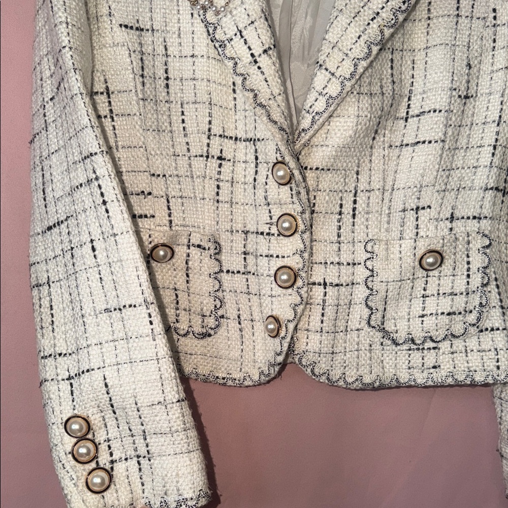 Tweed Blazer Jacket Gold Button Textured Structured Spring Chic - Picture 3 of 8